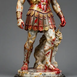 shiny colourful polished marble intricate gladiator in armour marble statue, covered in red color paint splashes, partially gold plated, ultra - detailed flash studio photograph
