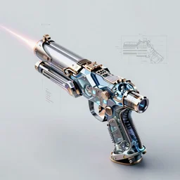 curvy futuristic laser gun full concept art schematic detailed intricate isometric glass metal greebles 8k octane render