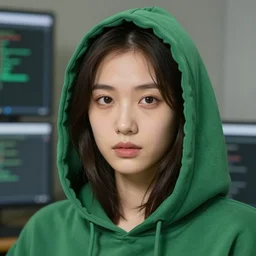 portrait of a beautiful programmer with green hood by greg rutkowski, 4 k, close up