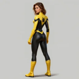 full body character turnaround of a woman in an orb weaver outfit, character sheet, matte painting, spiderwoman!!, john singer sargent, good value control, highly detailed portrait, character turnaround, digital painting, concept art, sharp focus, smooth, illustration, yellow and black color scheme, realistically proportioned body, 8 k