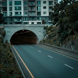 establishing shot of a large highway, an apartment building above the large highway, tunnel entrance, wide establishing shot, dark teal lighting, soft dramatic lighting, sharp focus, 4 k digital camera