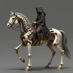 very detailed concept art of a skeleton horse with a hooded capped figure riding the skeleton horse