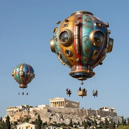 large colorful futuristic space age metallic steampunk steam - powered balloons with pipework and electrical wiring around the outside, and people on rope swings underneath, flying high over the beautiful ancient athens acropolis landscape, professional photography, 8 0 mm telephoto lens, realistic, detailed, photorealistic, photojournalism