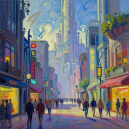 art nouveau, fauvism, pastel drawing, oil painting, cyberpunk, fantasy landscape. digital datascape town bustling with pedestrian shoppers in the style of a tron legacy shopping streets