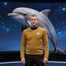 a starfleet captain who is a dolphin human hybrid stands before a screen displaying the starfield around them, hyper realistic, highly detailed