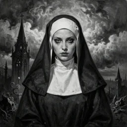 By Tom Bagshaw, ultra realist soft painting of a gothic crypt by night, Kawai female nun and dressed, horror, omnious sky, symmetry accurate features, very intricate details, black and white, volumetric light clouds
