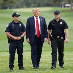 criminal Donald Trump taken away by two young FBI agents at golf course, photo by Alex Webb