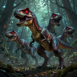 nightmare of mutated velociraptors, red glowing eyes, hunting in the forest. in style of greg rutkowski and hyung - tae kim, trending on artstation, dark fantasy, great composition, concept art, highly detailed, dynamic pose, vibrant colors, epic, 8 k