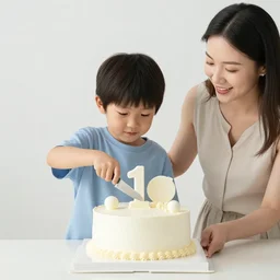 kid cutting cake on his 1 0 th birthday with his mother and father, party decoration in background, photo from 1 9 8 7 n - 9
