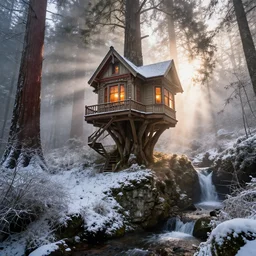 a victorian treehouse on a cliff with redwoods. winter. snowing. low lying fog. a small waterfall. a stream. dappled sunshine. glowing lights are on in the house. cinematic lighting. god rays. volumetric lighting, photo realistic