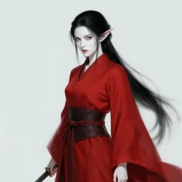 female elf mage, pale white skin, black ponytail hair, red robes, character art by larry elmore