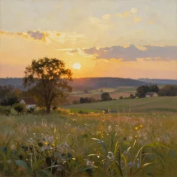 oil painting of a serene countryside in Germany, magic hour, golden hour