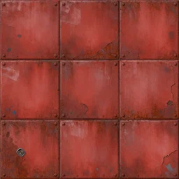 scifi, laputa, nausicaa, ghibli, panels, rivets, cut lines, organic, diffuse texture, dull red flaking paint, bright ( ( ( rusty ) ) ) metal wall seamless game texture, by dean cornwell, nc wyeth, painterly, 4 k, textures. com, high resolution, paintchips