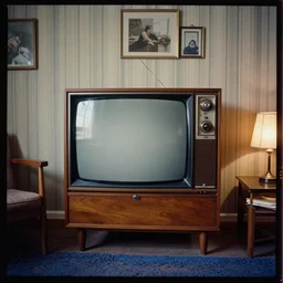 kodak portra 4 0 0, wetplate, portrait photo by britt marling, 1 9 2 0 s room, haze, a giant vintage television, 1 9 2 0 s furniture, striped wallpaper, picture frames, carpet, shining lamp, muted colours, blueberry, wood,