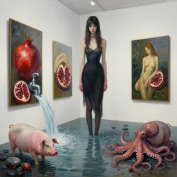 painting of a flooded barcelona art gallery, painting of a tall emo girl, paintings on the wall, pomegranates, waterfall, faucet, pigs, octopus, berries, stones, sensual, surrealist, by magritte and monet