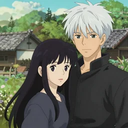beautiful anime girl with long black hair and bangs, beautiful anime guy with white hair, wearing black clothes, couple, fine details portrait, japense village in background, bokeh. anime masterpiece by Studio Ghibli. illustration, sharp high-quality anime illustration in style of Ghibli, Ilya Kuvshinov, Artgerm