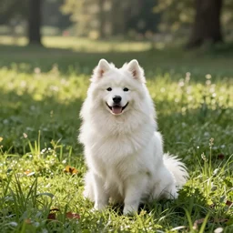 a samoyed dog sitting in the middle of sunny meadow, colored, by Alex Toth