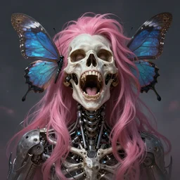 Death is swallowed up in victory, very detailed and beautiful face, pink hair, screaming, mechanical butterfly, artwork by artgerm, centered shot, wide angle, full body, Elfpunk, mythpunk, DD, fantasy, highly detailed, digital painting, artstation, smooth, sharp focus, art by thomas kinkade and H.R. Giger and Tyler Edlin