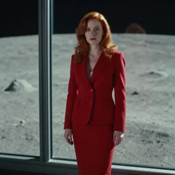 a still from the move 2 0 4 9 depicting a beautiful young redheaded businesswoman in a tailored red suit next to a plate glass window. outside is the surface of the moon. sci fi, futuristic, cinematic, soft lighting photography by fred palacio medium full shot, sci fi, bladerunner, canon eos r 3, f / 3, iso 2 0 0, 1 / 1 6 0 s, 8 k, raw, unedited