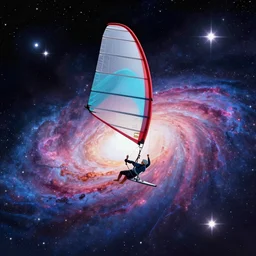 parasailor in outer space with stars and galaxy behind, breathtaking, pixar and disney style, ghibli studio, masterpiece, high quality, highly detailed, high coherence, path traced, bloom, complementary colors, beautiful, elegant, hd, 4 k, desktop wallpaper, fantasy art