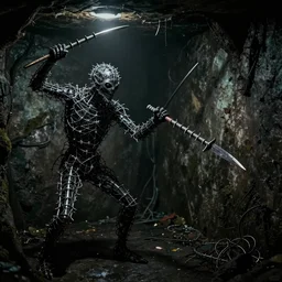 you wake up in a dank, dark cellar. you can barely make out the figure in the corner, but you can see the glint of metal in its hand. as it moves closer, you see that the creature is made entirely of barbed wire, and the metal in its hand is a sharpened piece of rebar. it raises the rebar to strike, and you know you