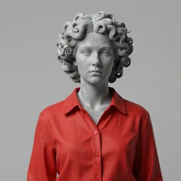 grey statue of a woman wearing red shirt with curly hair