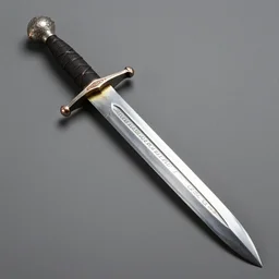 iron sword, double - edged, fullered, guard inlaid with silver and copper alloy, lobed pommel, the blade carries an inscription. the blade is complete and has a fuller on each face. on the blade towards the hilt and within the fuller is an inlaid legend, while on the other face, also within the fuller, is an inlaid double scroll. the