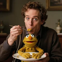 a man eating yarn, with a dinner plate full of a muppet