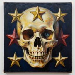 intricate five star star theme skull portrait by pablo picasso, oil on canvas, hdr, high detail, photo realistic, hyperrealism, matte finish, high contrast, 3 d depth, centered, masterpiece, vivid and vibrant colors, enhanced light effect, enhanced eye detail, artstationhd