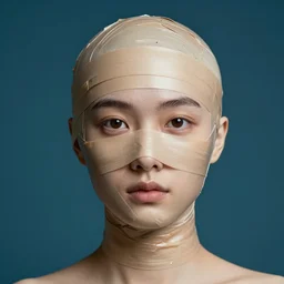 a beautiful studio portrait of a head completely wrapped in duct tape against a dark cyan backdrop.