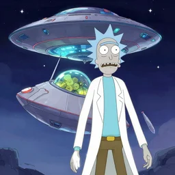 rick and morty illustration, spaceship, ufo,