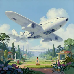 very detailed and perfectly readable fine and soft relevant outlines soft edges painting by beautiful walt disney animation films of the late 1990s and Thomas Cole in HD, we see a futuristic giant military design boeing architecture in a french perfect garden, nice lighting, perfect readability, UHD upscale W-2048 H-1024 n-4