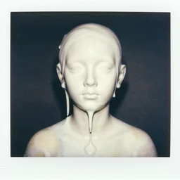 a liquid white clay porcelain portrait of a face melt down flow go runny, body painted with a lot of white thick fluid, realistic detailed watercolor polaroid, grainy image, contrast