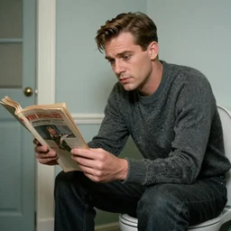 The actor, James Stewart sitting on a toilet reading an old magazine, highly detailed, side facing camera