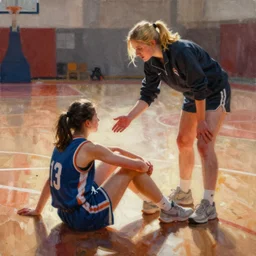 paint brush strokes, abstract watercolor painting of a blonde girl basketball coach helping a girl with black hair who is sittong on the basketball court, copper, backlit ambient light, dust, art by hans dahl, by jesper ejsing, art by anders zorn, wonderful masterpiece by greg rutkowski, cinematic light, american romanticism by greg manchess, creation by tyler edlin