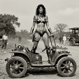 vertical movie frame with female warrior standing on steam punk buggy with wood wheels, hunting, armor inspired by bikini and doom and fashion, strong blooded body, brutal blooded sluty symmetrical face, epic, award winning, establishing shot, extremely high detail, photorealistic, brutal, provocative, octane render, old photo, vintage, black and white, sepia, old photography, documentary photography