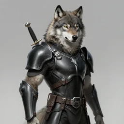 a portrait of a wolf with carbon fiber armor and a knife sheathed on his hip, digital painting, furry fandom, furaffinity, detailed, professional
