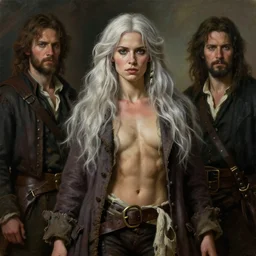 beautiful portrait oil painting, 3 0 years old rugged feminine muscular female, pirate long soft flowing white silver hair, upper body only open long coat elegant rugged handsome, bussiere rutkowski andreas rocha, cinematic lighting 1 9 2 0 period drama, unreal, natural tpose
