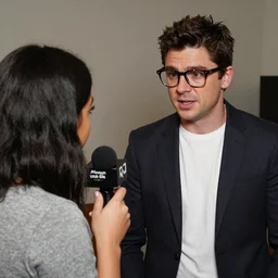 A young Israeli female journalist with black hair and fancy glasses interviewing Zac Efron