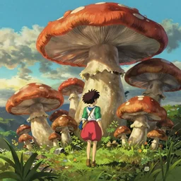 epic mushrooms, vivid tones, wide angle, by miyazaki, nausicaa, studio ghibli, breath of the wild