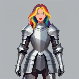 a young woman in full plate armor with beautiful rainbow hair and red lips in a dramatic pose. she is a knight. clean cel shaded vector art. shutterstock. behance hd by lois van baarle, artgerm, helen huang, by makoto shinkai and ilya kuvshinov, rossdraws, illustration, art by ilya kuvshinov