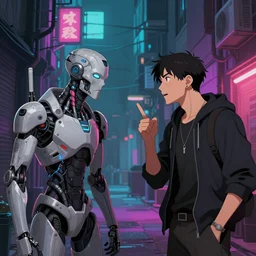 two people haggling, detailed digital illustration by greg rutkowski, cyberpunk back alley, nighttime, colorful lighting, android netrunner