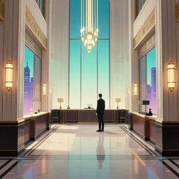 a beautiful, sharp focus, clean lines. the interior of an art deco hotel. vaporwave ombre rendering. outrun style. trending on artstation. recommended for you behance. by chris moore. by edward hopper. ambient occlusion. digital matte painting. metropolis filmic. gotham city.