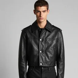 a editorial photo of a male model wearing a alexander mcqueen medieval cropped leather menswear jacket