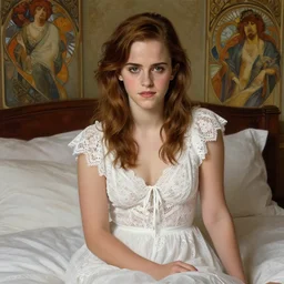 emma watson in bedroom, white lace, highly detailed, digital painting, matte, sharp focus, art by artgerm, greg rutkowski, alphonse mucha, frank frzetta, boris vallejo, bouguereau, beksinski, cinematic