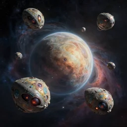 swarm of alien pods orbiting a bizarre alien planet, nebula in background, starfield in background, style of Wayne Barlowe