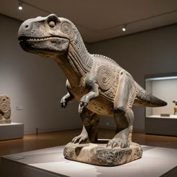 ancient Irish, iron age, photo of stone hand carved statue of a dinosaur, in museum room, well lit, studio lighting