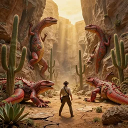 lost hero like indiana jones, ambushed by ancient floralpunk red massive lizards from underground, impressive rock canyons, fantasy world, arid environment of tall alien cactus,, ground cracks, style of albert bierstadt, gold dappled lighting,, god rays, lichen moss, diverse biome plants, syper reaslitic