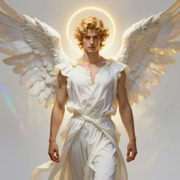 symmetrical portrait of a beautiful young fit male angel with curly blond hairs, dressed with fluent clothes, majestic wings, luminous halo, by greg rutkowski and alphonse mucha, d & d character, gradient white to gold, in front of an iridescent background, highly detailed portrait, digital painting, artstation, concept art, smooth, sharp focus ilustration, artstation hq
