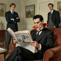 a thin vampire wearing a suit reads a newspaper in the living room, painted by norman rockwell and tom lovell and frank schoonover